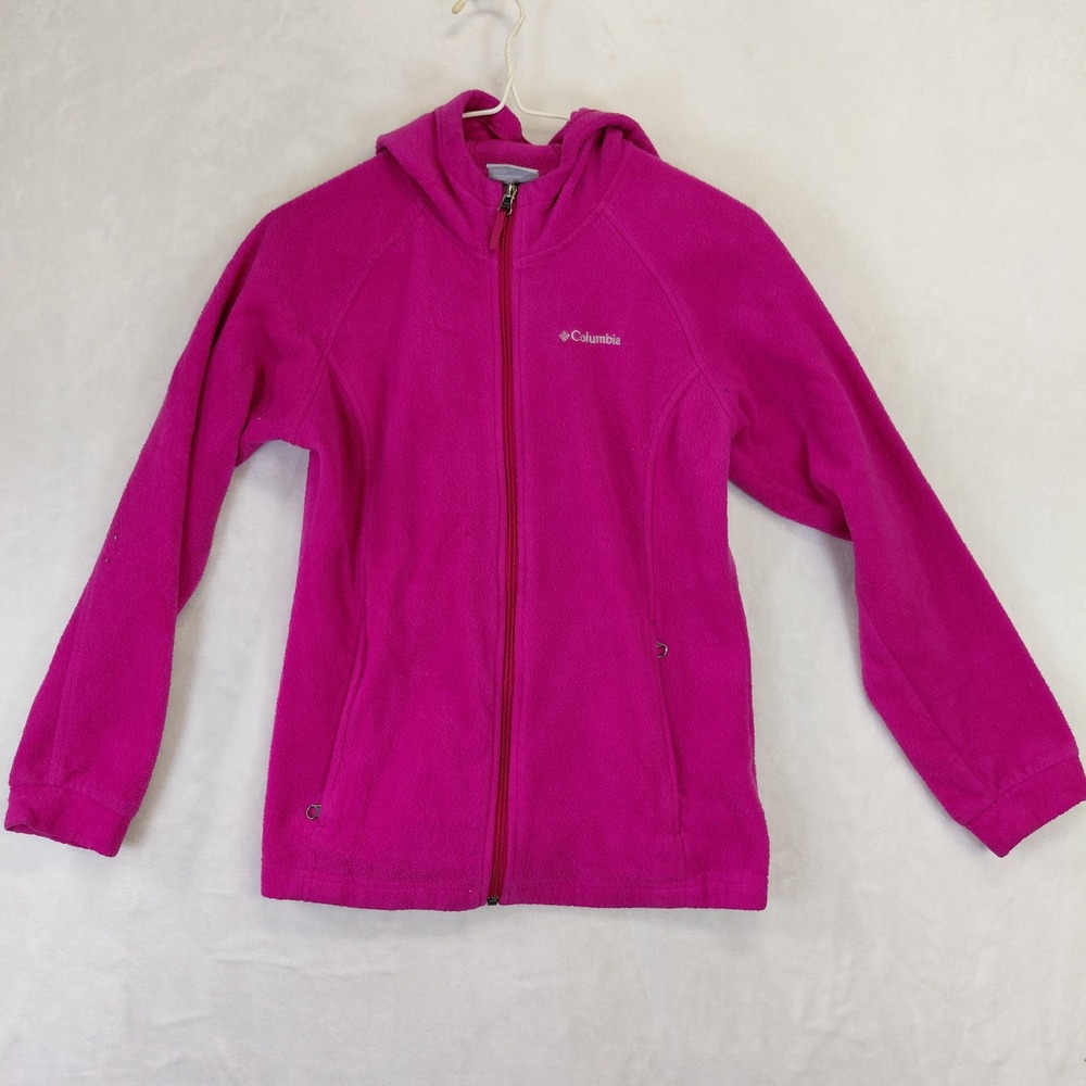 Columbia Womens L Fuchsia Pink Full Zip Hooded Fleece Jacket Raglan Sleeve